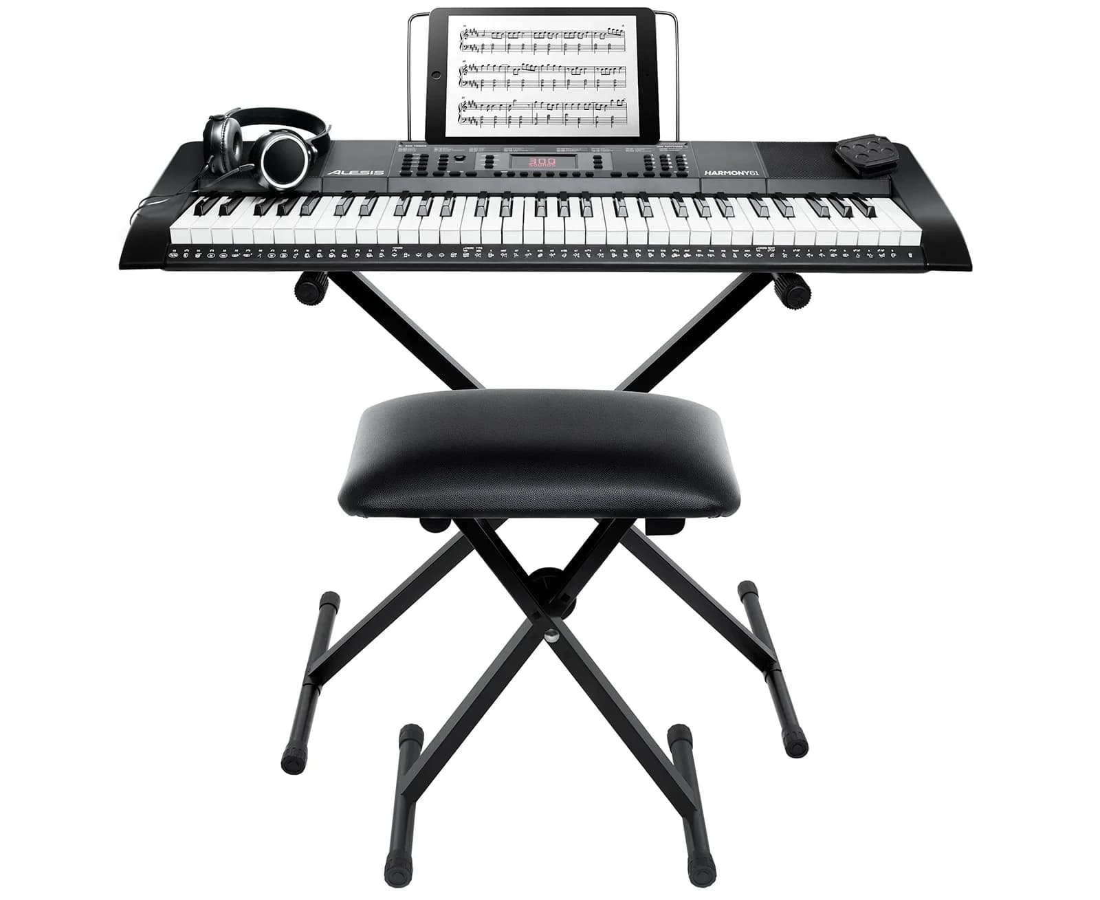 HARMONY 61 MK3 комплект: синтезатор с 61 клавишами, наушники, педаль сустейна, подставка для клавиатуры и скамья в комплекте. Встроенные динамики и 300 высококачественных встроенных звуков, режимы DUAL, SPLIT, ЗАПИСЬ, 40 встроенных демонстрационных песен и 300 встроенных ритмов аккомпанемента Alesis